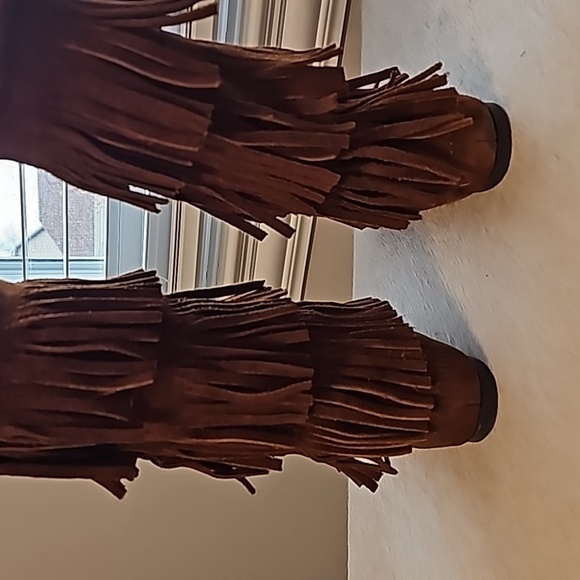 Minnetonka 3-Layer Fringe Calf High Boots 9 1632 camel brown suede boho moccasin - Picture 4 of 7